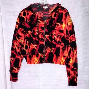Orange Kiss Flame Print Cropped Zip‎ Up Hoodie Women's Size L